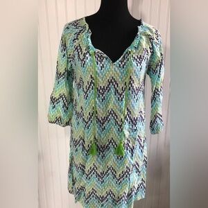 Hatley Tunic Dress Womens Size Small S Tassel Chevron Blue White 3/4 Sleeve
